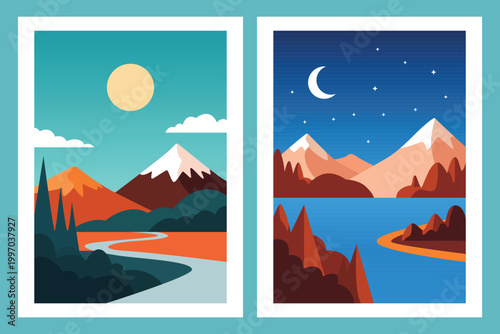 Minimalist vector diptych of majestic snow-capped mountains and rivers under the sun and moon.