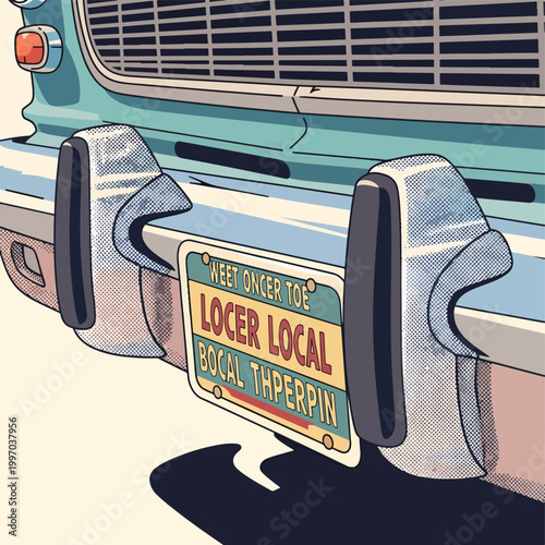 Stylized close-up of a classic vintage car's front bumper and generic license plate, capturing retro automotive design and nostalgic travel aesthetics.