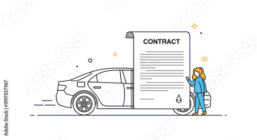 Woman holding a large contract document in front of a modern sedan outline representing car insurance and sales agreements.