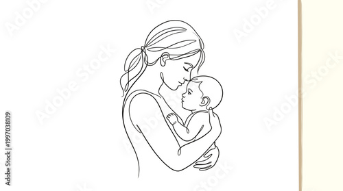 Beautiful minimalist line art illustration of a mother holding her baby with love and tenderness