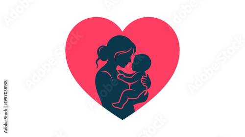 A tender silhouette illustration of a loving mother embracing her newborn baby against a vibrant heart, symbolizing maternal love, care, and the precious bond within a family