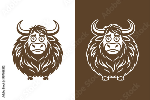 Modern Minimalist Fluffy Yak Mascot Logo Design, Cute Highland Cow Negative Space Vector Emblem