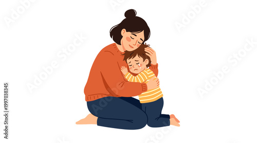 A mother comforting her sad child with a warm hug, illustrating love and emotional support