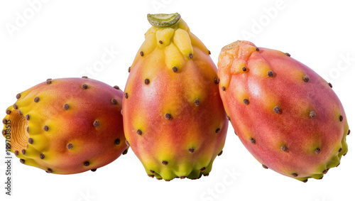 Tablou pe pânză Three ripe prickly pear fruits with green caps and reddish skin