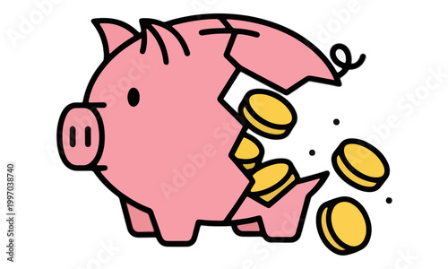 Broken Piggy Bank with Falling Gold Coins Illustration