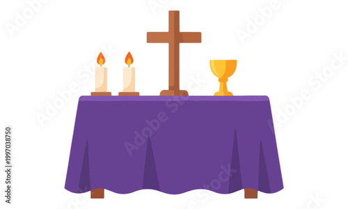 Christian Altar with Cross Candles and Chalice on Purple Cloth