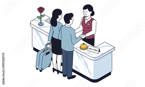 Hotel Receptionist Greeting Guests at Check-in Desk
