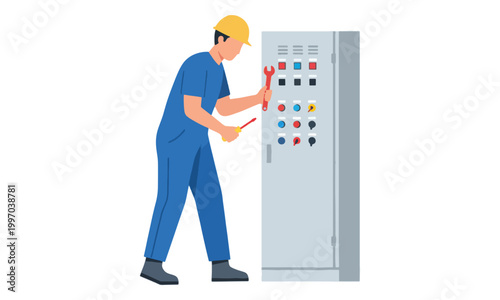 Electrician Repairing Electrical Control Panel with Tools
