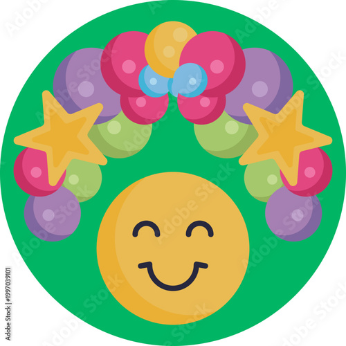 A cluster of floating balloons symbolizes joy, festivity, and lighthearted moments.