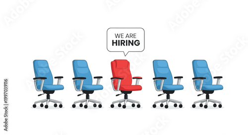 Row of blue office chairs with one red chair and a we are hiring speech bubble for recruitment and unique talent search.
