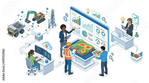 Data Driven Mining Operations Isometric Illustration Featuring Diverse Workers Analyzing Geological Data and Resource Management