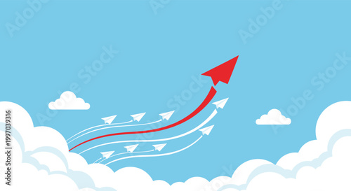 Single red paper plane leading a fleet of white planes through the clouds representing leadership and business vision.