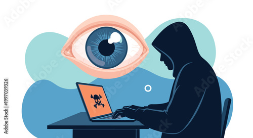 Hacker silhouette working on a laptop with a giant eye watching from behind illustrating surveillance and data spying.