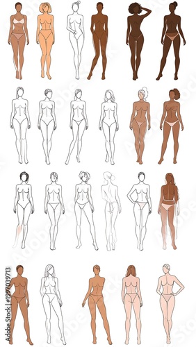 Collection of fashion figure sketches displaying diverse skin tones, from black and white outlines to digitally rendered figures