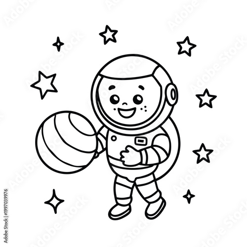 Happy little astronaut kid holding planet balloon in space sketch design.