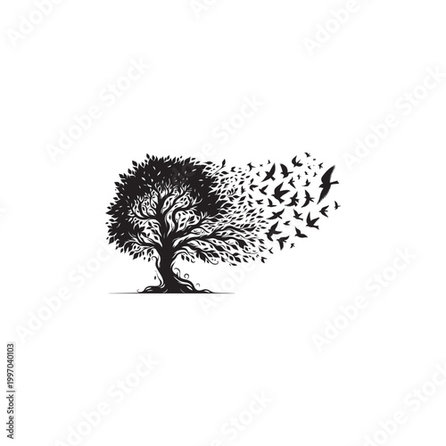 
A silhouette of a stylized tree, its branches and leaves intricately detailed, occupies the left and center portions of the frame. The tree's form is predominantly black against a pure white backgrou