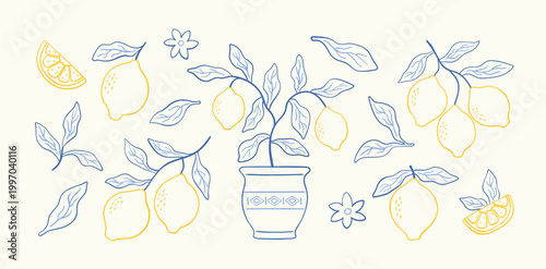Hand drawn doodle lemon set with leaves and flowers. Lemon tree in a decorative pot. Summer design