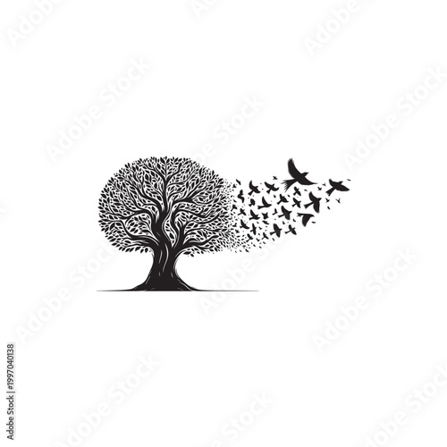 
A silhouette of a stylized tree, its branches and leaves intricately detailed, occupies the left and center portions of the frame. The tree's form is predominantly black against a pure white backgrou