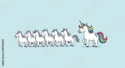 Group of white horses is followed by one colorful unicorn to illustrate the concept of standing out and being unique.