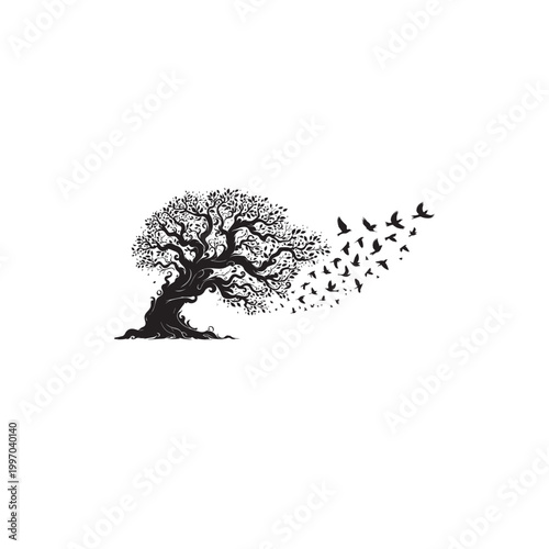 
A silhouette of a stylized tree, its branches and leaves intricately detailed, occupies the left and center portions of the frame. The tree's form is predominantly black against a pure white backgrou