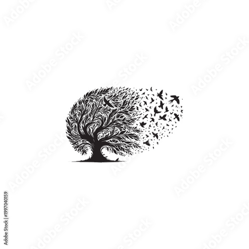 
A silhouette of a stylized tree, its branches and leaves intricately detailed, occupies the left and center portions of the frame. The tree's form is predominantly black against a pure white backgrou