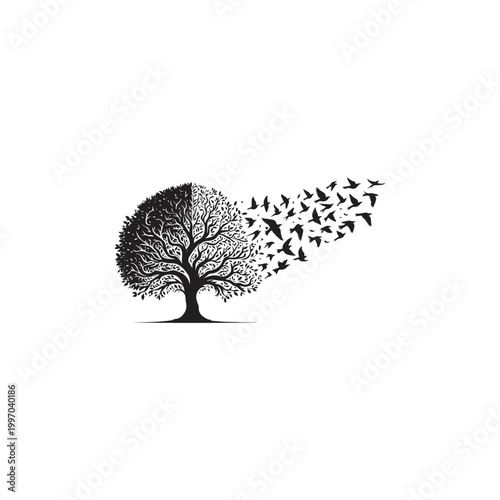 
A silhouette of a stylized tree, its branches and leaves intricately detailed, occupies the left and center portions of the frame. The tree's form is predominantly black against a pure white backgrou