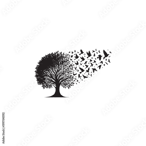 
A silhouette of a stylized tree, its branches and leaves intricately detailed, occupies the left and center portions of the frame. The tree's form is predominantly black against a pure white backgrou