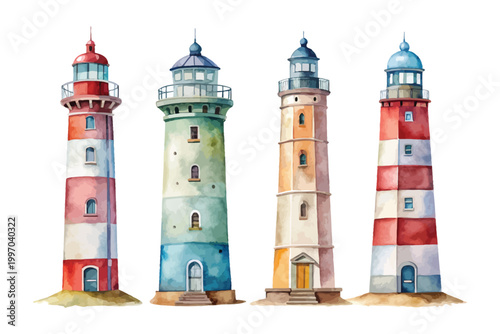 set of Watercolor Lighthouse Icon, Coastal Building Clipart, vector illustration Isolated on White background