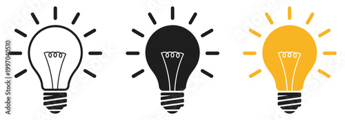 Idea light bulb icon collection, creative thinking and innovation symbols, inspiration and solution concept icons, simple modern vector design for business and education.