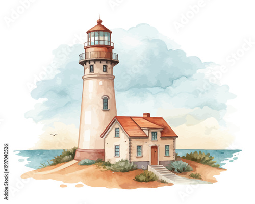 Watercolor Lighthouse Icon, Coastal Building Clipart, Isolated on White background