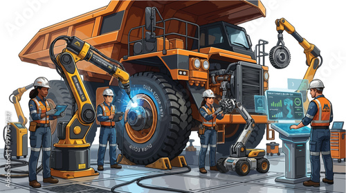 Heavy Machinery Maintenance Team Inspecting Large Mining Dump Truck with Robotic Arms and Digital Interface