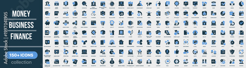 Money, business and finance icon collection in colored style. Set of banking, payment, analytics, investment, accounting, audit, growth and strategy icons