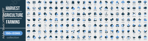 Harvest, agriculture and farming icon collection in colored style. Set of agriculture, farming, crops, harvest, food production, rural life and farm equipment icons