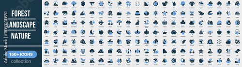 Forest, landscape and nature icon collection in colored style. Set of forest, trees, mountains, weather, wildlife, environment and natural scenery icons
