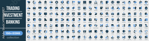 Trading, investment and banking icon collection in colored style. Set of stock market, trading, portfolio, exchange, deposit, broker, analytics and finance icons