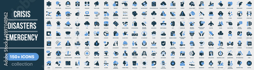 Crisis, disasters and emergency icon collection in colored style. Set of emergency, disaster, rescue, danger, accident, safety and crisis response icons