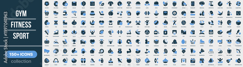 Gym, fitness and sport icon collection in colored style. Set of fitness, workout, sport, training, exercise, health, active lifestyle and gym icons