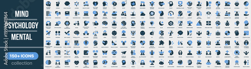 Mind, psychology and mental icon collection in colored style. Set of psychology, mental health, emotions, thinking, brain, stress, therapy and mindfulness icons