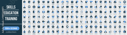 Skills, education and training icon collection in colored style. Set of skills, education, training, learning, knowledge, school, study and personal development icons