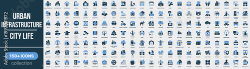Urban infrastructure and city life icon collection in colored style. Set of urban infrastructure, transport, buildings, city services, architecture and public space icons