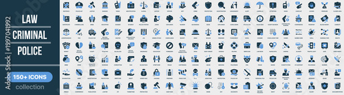 Law, criminal and police icon collection in colored style. Set of law, justice, police, crime, security, investigation and legal system icons