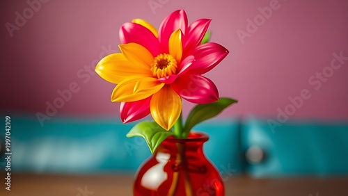 A cheap plastic flower in a garish vase, tacky aesthetic with bright colors.