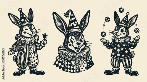 Rabbit in clown costume: professional linocut illustration set, vintage woodblock print aesthetic