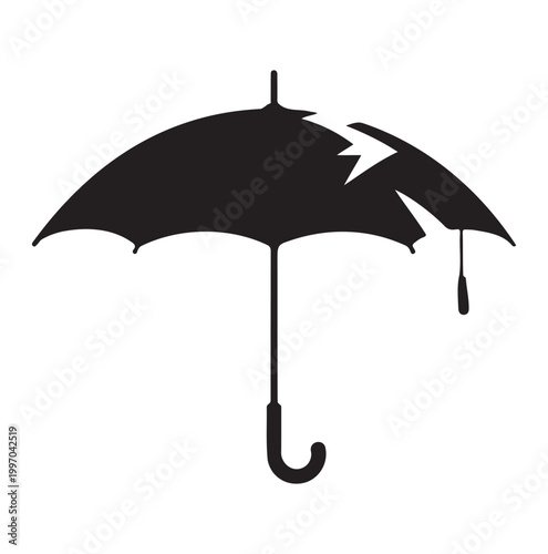Broken umbrella silhouette icon isolated on white background. black cracked umbrella vector illustration representing failure