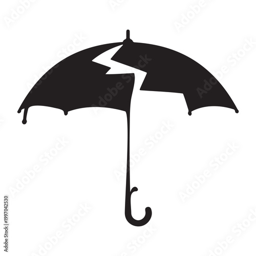 Broken umbrella silhouette icon isolated on white background. black cracked umbrella vector illustration representing failure