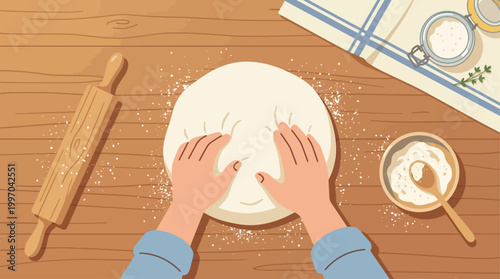 Illustrates the artisanal process of baking fresh bread, emphasizing natural ingredients and homemade goodness in a clean flat design style.