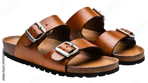 Brown leather sandals with adjustable buckles and cork footbed