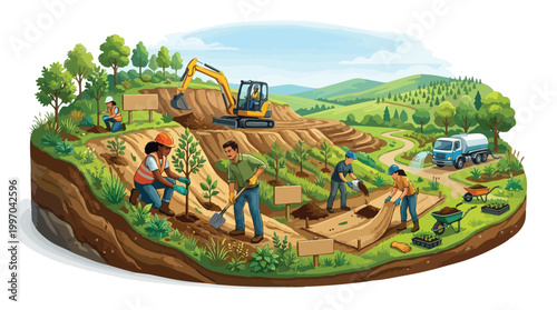 Reforestation Project Landscape with Diverse Workers Planting Trees and Earthmoving Equipment for Environmental Restoration