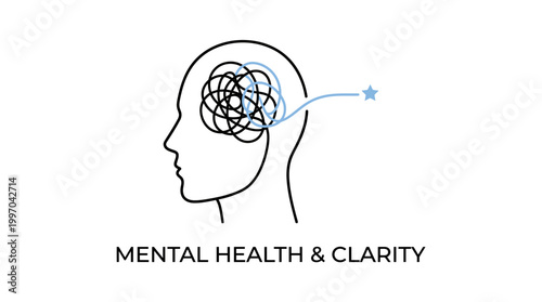 Mental health and clarity concept human head silhouette with a tangled mess of thoughts unraveling into a clear path towards a star