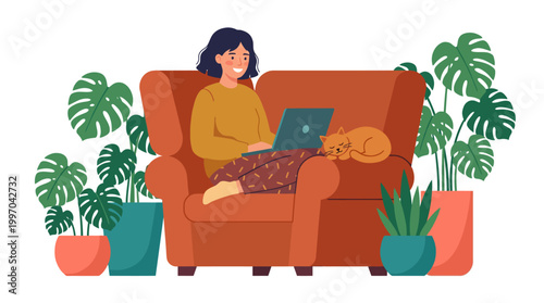 Young woman sitting in a comfortable armchair with a laptop and a sleeping cat surrounded by indoor potted plants